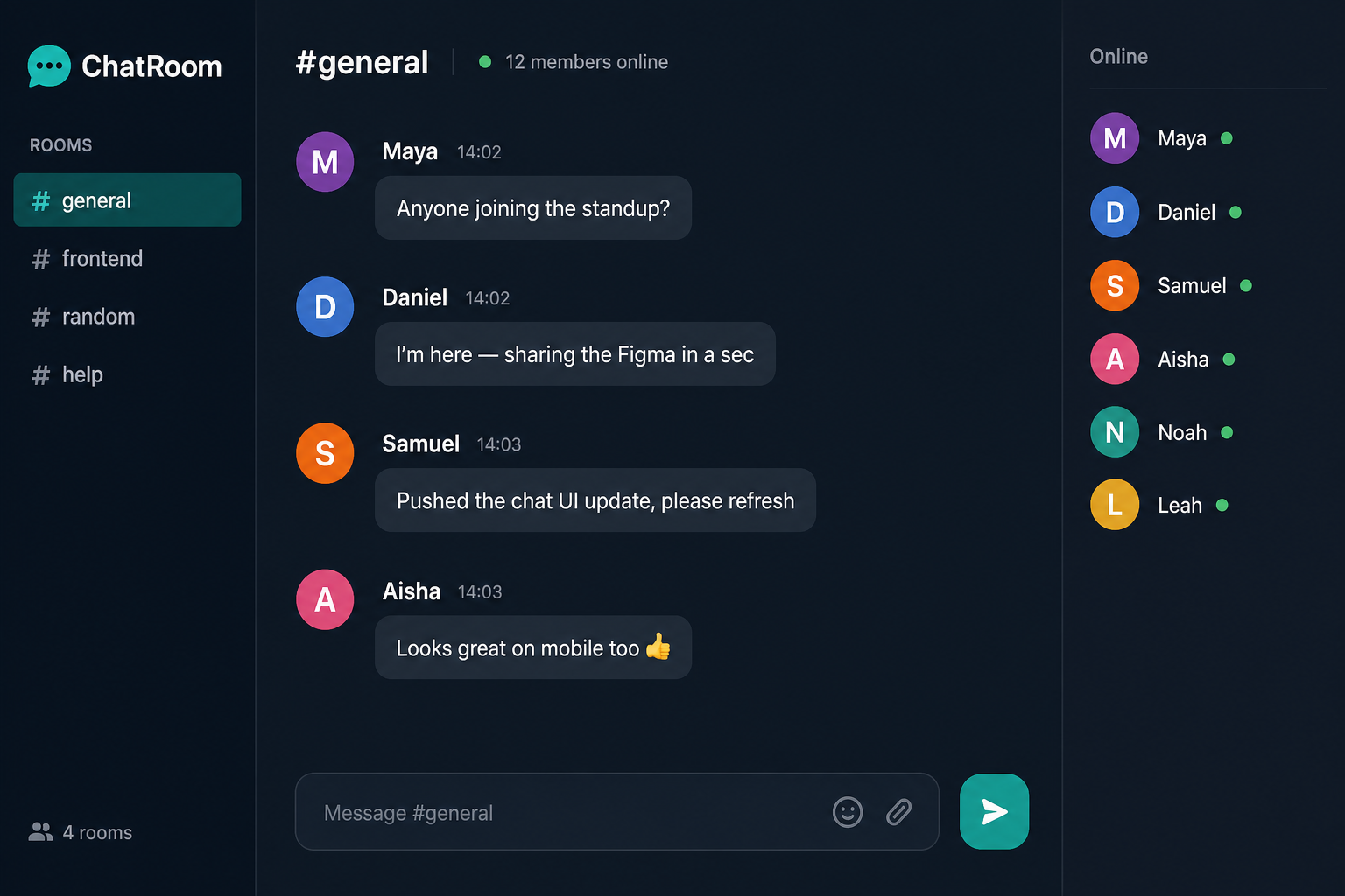 ChatRoom — real-time multi-user chat with rooms, online members, and message thread