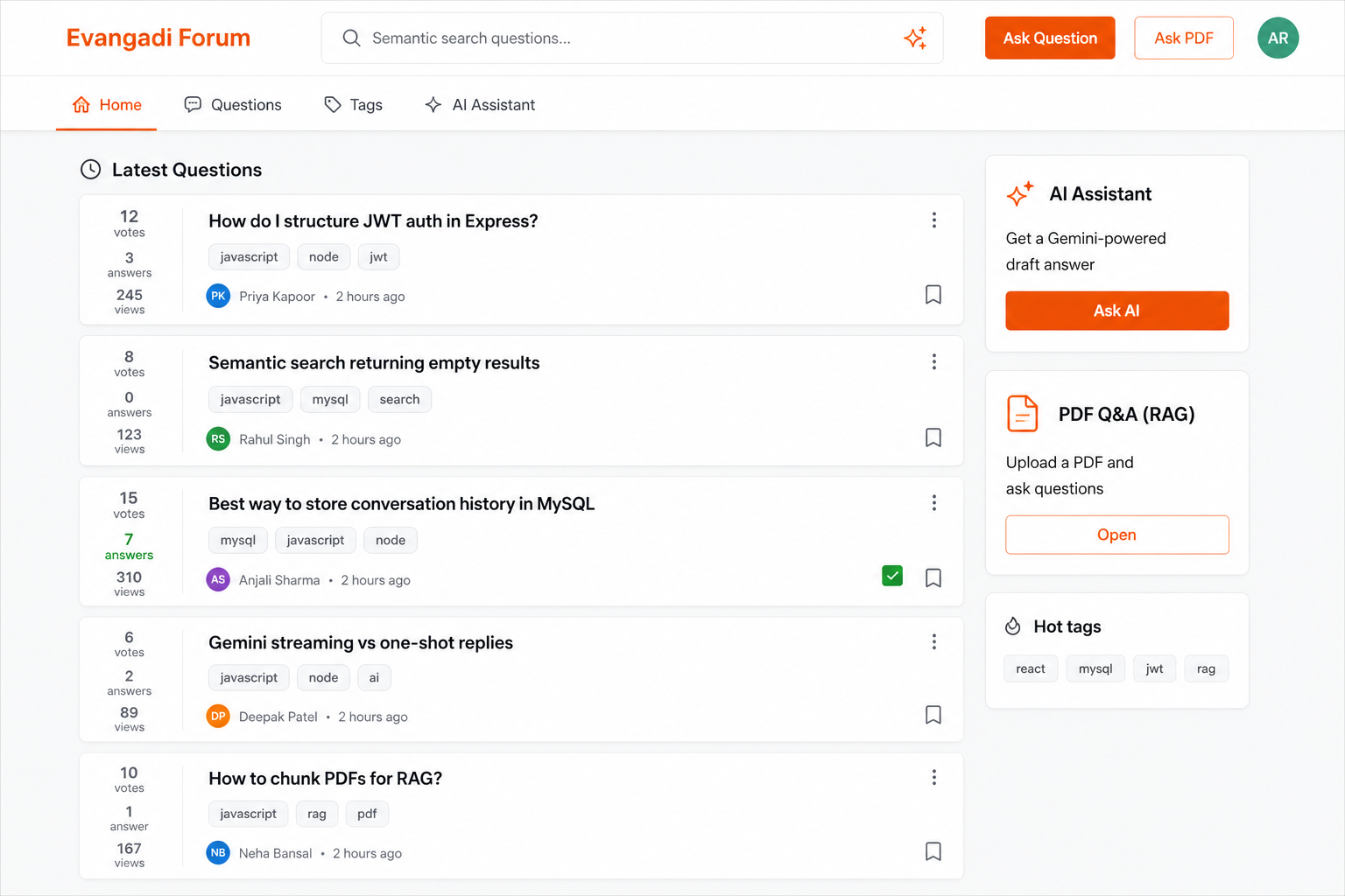 Evangadi Forum — AI-powered Q&A homepage with question feed, semantic search, Ask AI, and PDF RAG